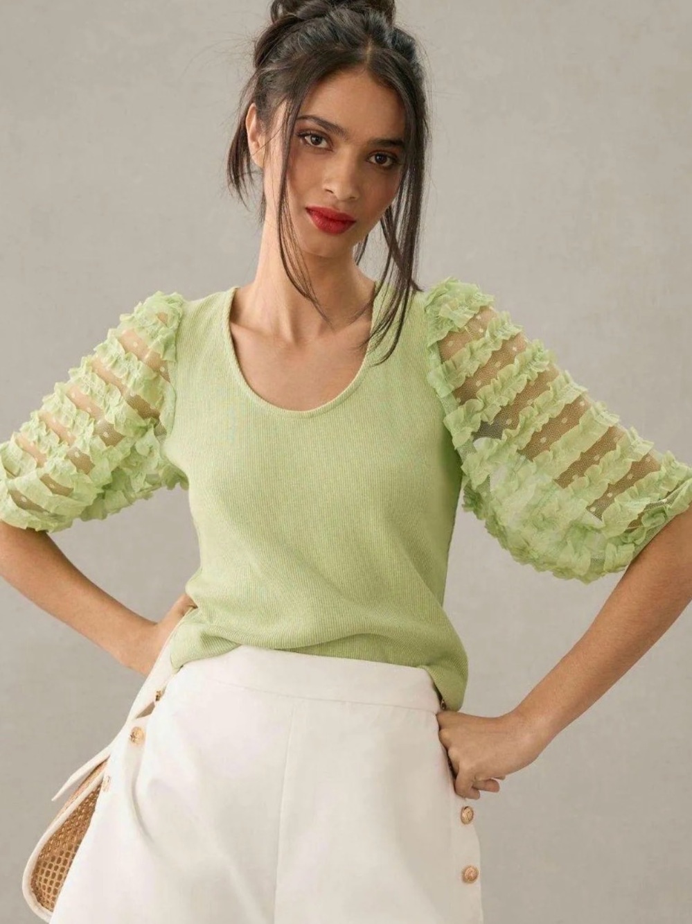 dolan Light Green Ruffle-Sleeve Knit Top